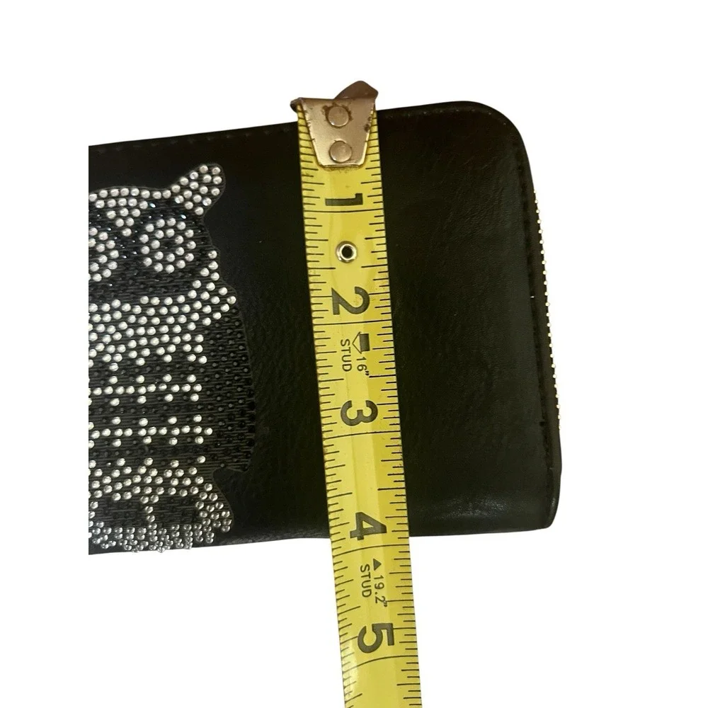 BLACK RHINESTONE OWL ACCORDION Zip Around WALLET Wristlet Bonus Keyring Strap‎
